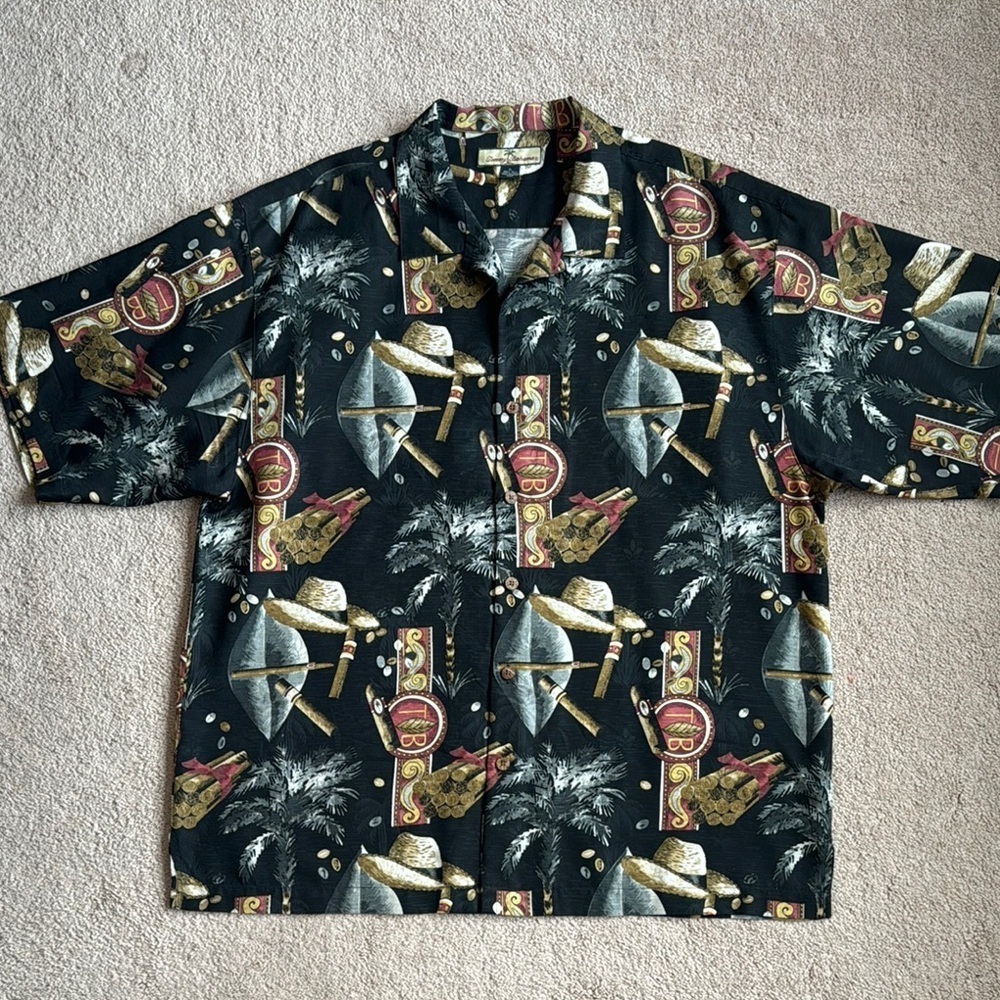 Black Tommy Bahama Hawaiian Men's Silk Shirt - Picture 2 of 5